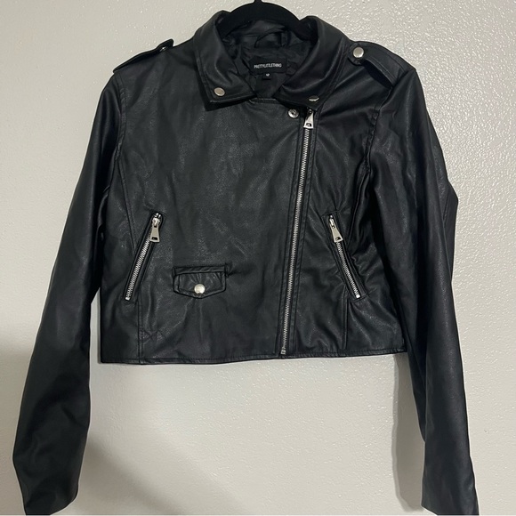 PrettyLittleThing Black Basic Faux Leather Biker Jacket Size 12 - Picture 7 of 8